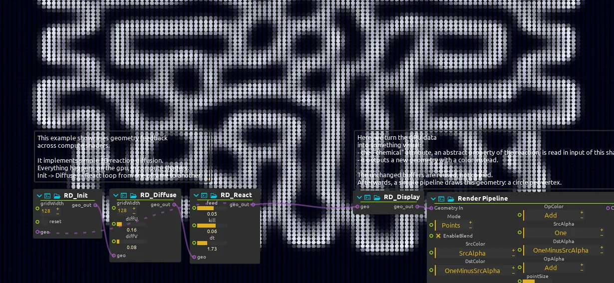 A reaction-diffusion visual effect patched with feedback cables in ossia score