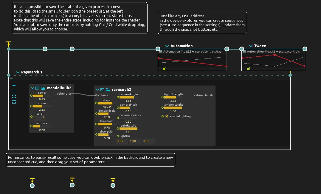 Cues and automations of process parameters in an ossia score timeline