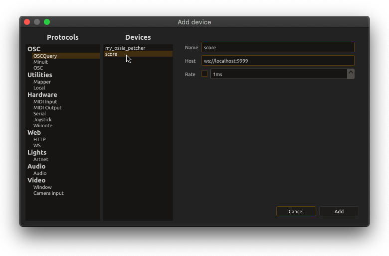 score OSCQuery device