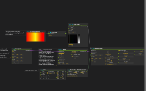 Arc Sphere patch with Bend, HypnoSwirl, colour automation and camera modulation connected to Model Display.
