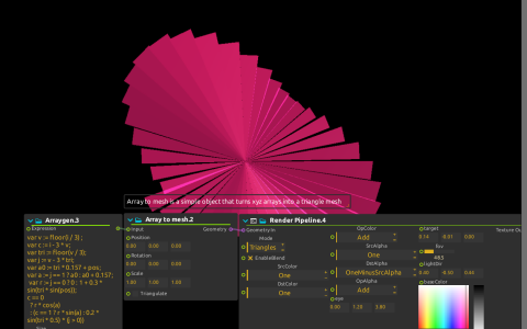 Magenta radial triangle mesh above its Arraygen, Array to mesh and Render Pipeline processes.