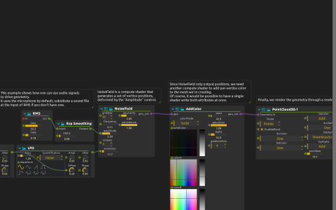 RMS and smoothing connected to NoiseField, followed by AddColor and the PointCloud3D renderer.