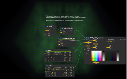Green raymarched volume behind the RMS, smoothing, Menger SDF and orbit raymarch processes.