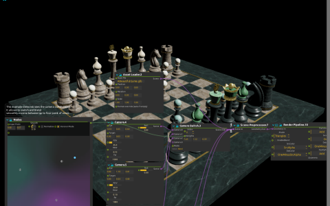 Rendered chess scene with the Nodes blend control, three Camera processes and Camera Switch.