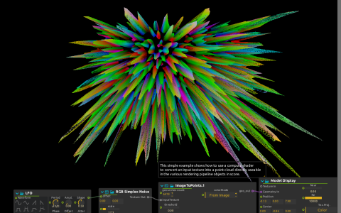 Multicoloured spiky point cloud above the RGB Simplex Noise, ImageToPoints and Model Display processes.