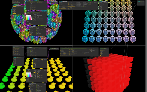 Four rendered instancing views showing orbiting helmets, a helmet grid, a duck grid and a red box lattice.
