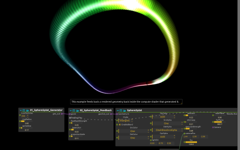 Glowing multicoloured particle ring above the SphereSplat generator, feedback shader and renderer.