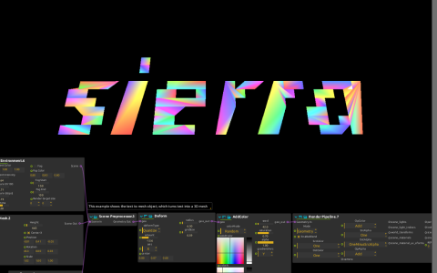 The extruded word sierra rendered in bright triangular colours above the deformation and rendering patch.