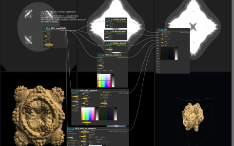 Mandelbulb volume shown as three grayscale slices and three raymarched views, with their shared generator and Grid connections.