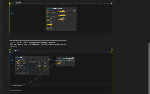 SpaceSpore shader and an LFO-driven JavaScript interface in separate scenario intervals
