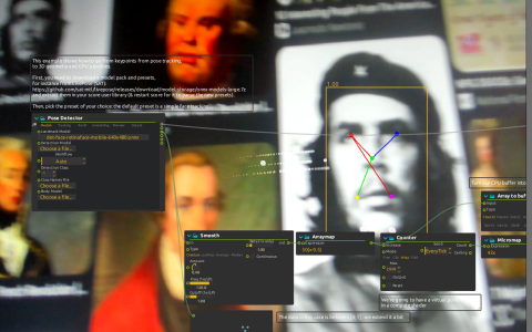 Tracked facial landmarks over a camera image with Array to buffer, ParticleTrail and SphereSplat processes