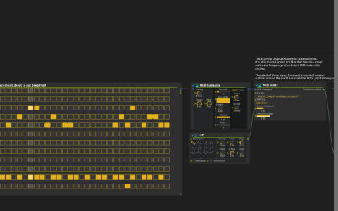 Pattern sequencer connected through Midi Humanize to Midi scaler's tuning controls