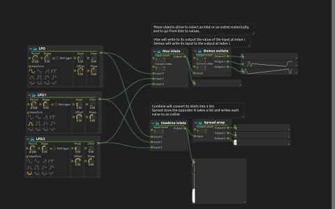 Three LFOs feeding parallel Mux and Demux routing and Combine and Spread branches