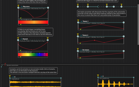 Play-once and repeating color automations beside tween comparisons and audio cue intervals