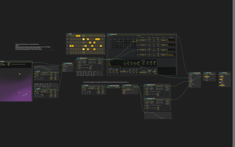 Nodes and LFO interpolation branches connected to a sequenced synthesizer and effects