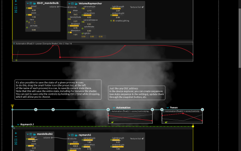 Mandelbulb and VolumeRaymarcher processes with automation curves, preset cues and a volume preview
