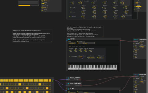 Soundfont sampler with a piano keyboard above sequenced drum-kit branches and compressors