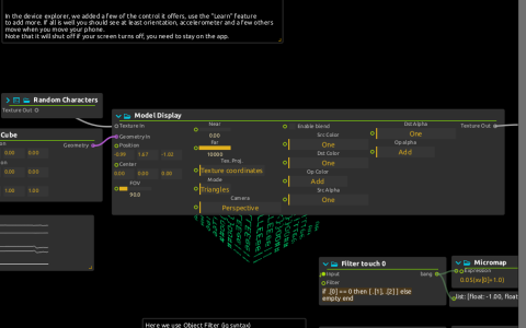 Character-textured cube preview beneath Model Display, with touch filtering and mapping nodes