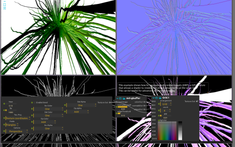 Four views of a generated mesh comparing colour, image-derived normals and edges