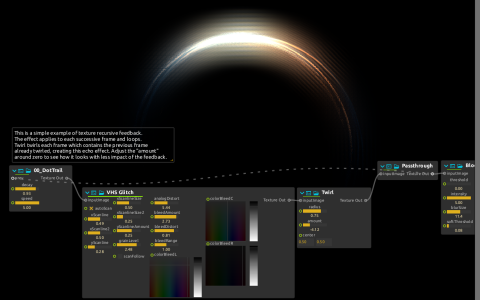 A glowing curved dot trail above the connected DotTrail, VHS Glitch, Twirl and Passthrough processes