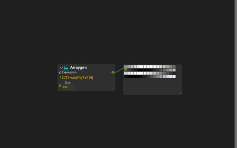 Arraygen connected to LED View, which displays rows of generated RGB pixels.