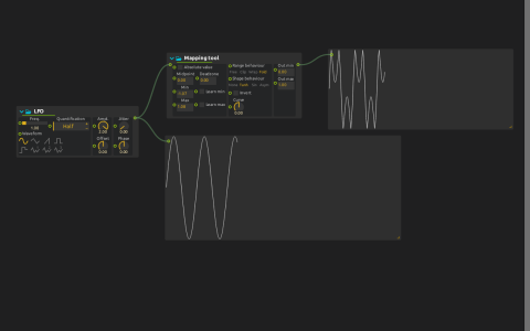 LFO branching to Mapping tool and a signal display, with a second display plotting the shaped output.