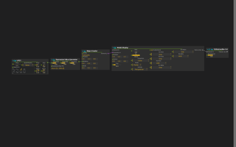 LFO and expression generator controlling the Object loader and Model Display point-cloud rendering chain.